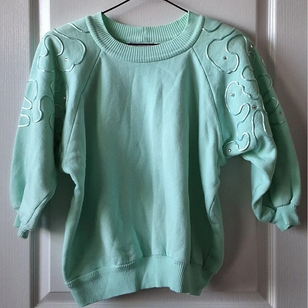 Bodalia Aqua Sweater 1980s Rhinestones Pearls Puffed Sleeves Vintage Flash Dance